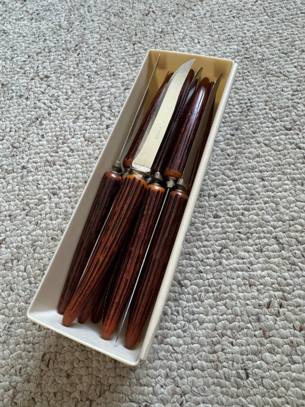 Set of 14 Steak Knives Vintage Stainless Steel Faux Antler Wood Grain Handle